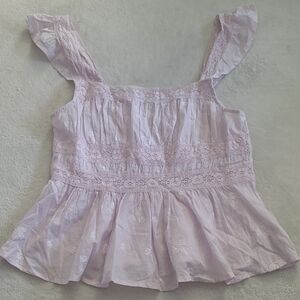 Free People Boho Cottagecore Smocked Lace Peplum Top Pink M Romantic Embroidered